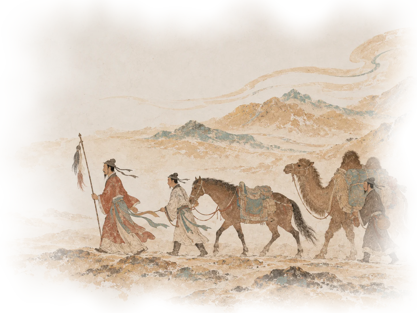 淡彩：张骞持节走在前面，随从牵着马和骆驼跟在后面