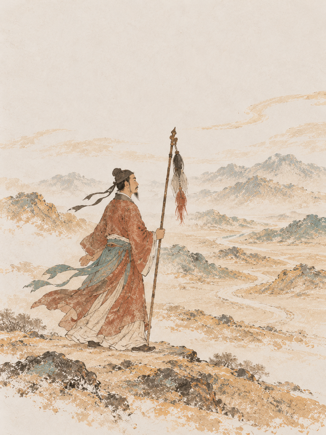淡彩水墨:张骞持旄节立于戈壁山脊,望向西域山川与前路